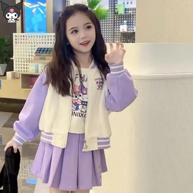 

3Pcs Kuromi Girls Coat Long Sleeved T-Shirt Pleated Skirt New Anime Sanrio Fashion Cute College Style Kids Baseball Uniform Set