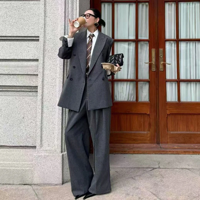 

Модный шерстяной пиджак с двубортной застежкой и повседневные брюки в пол с широкими штанинами, нейтральный стиль, длинный рукав, для мужчин и женщин