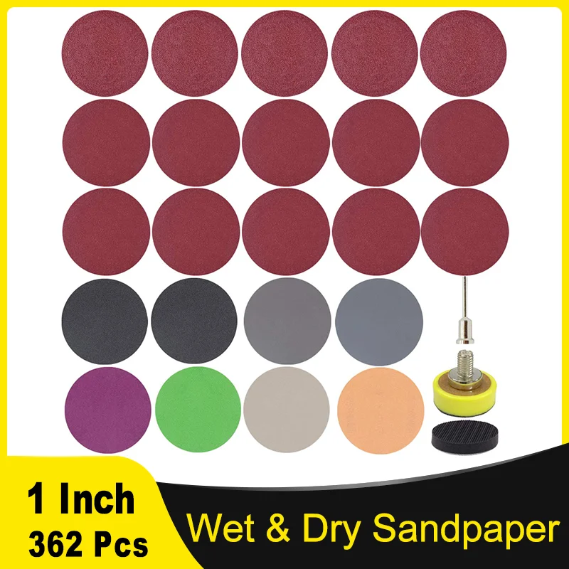 1 Inch Wet and Dry Sandpaper Kit 362 Pcs 60-10000 Grits with Backing Pad and Soft Foam Buffering Pad Grinding Abrasive Tool