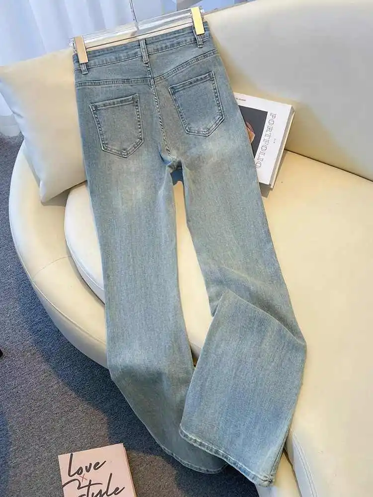 Retro micro queimado jeans para mulher primavera 2025 nova cintura alta magro denim calças moda borda crua bolso denim calças