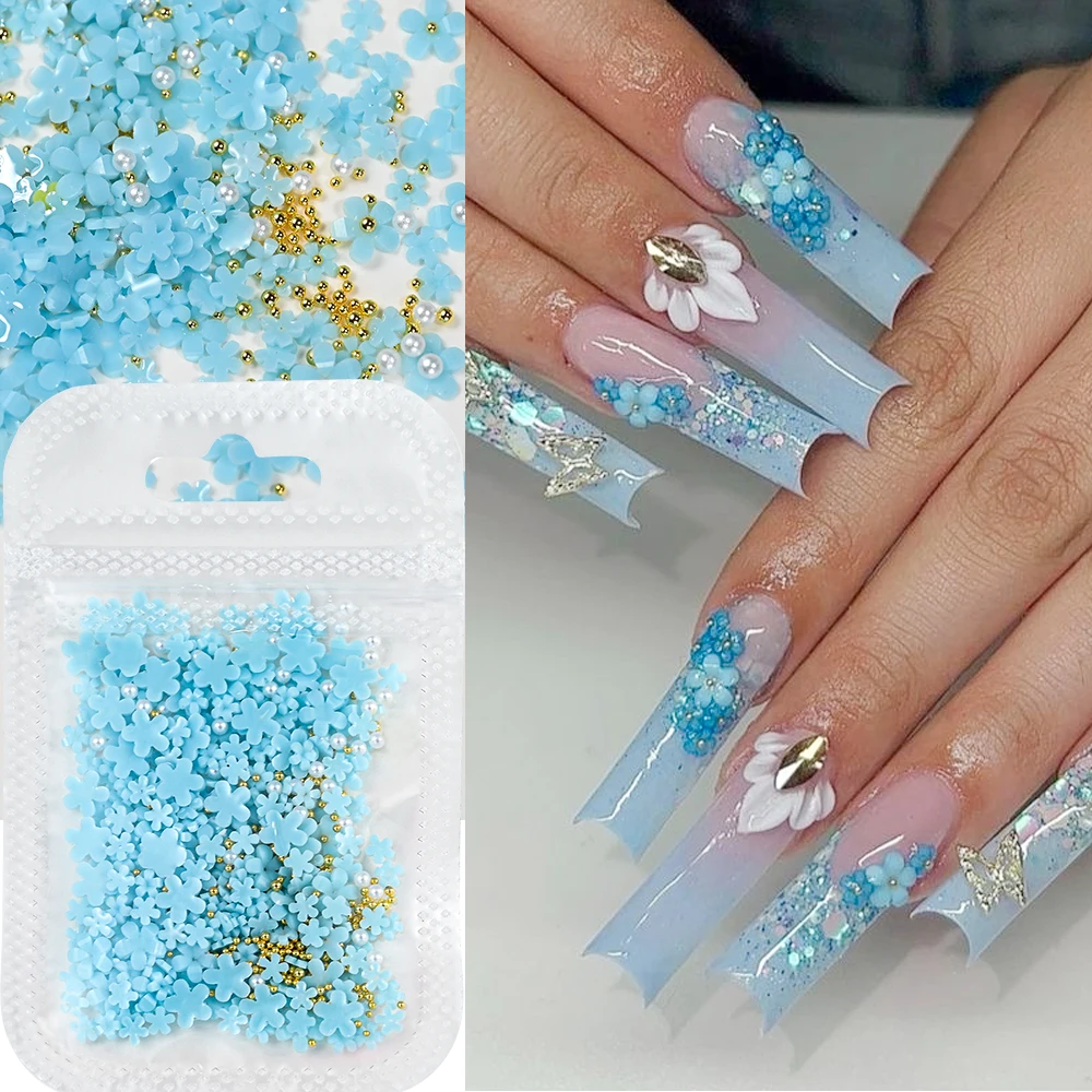 5 جرام (450 قطعة) الأبيض الوردي زهر الربيع زهرة الأكريليك مسمار الراين مختلط حبات اللؤلؤ ثلاثية الأبعاد الأزهار مسمار الأحجار الكريمة الأبيض الراتنج مسمار الاسمية