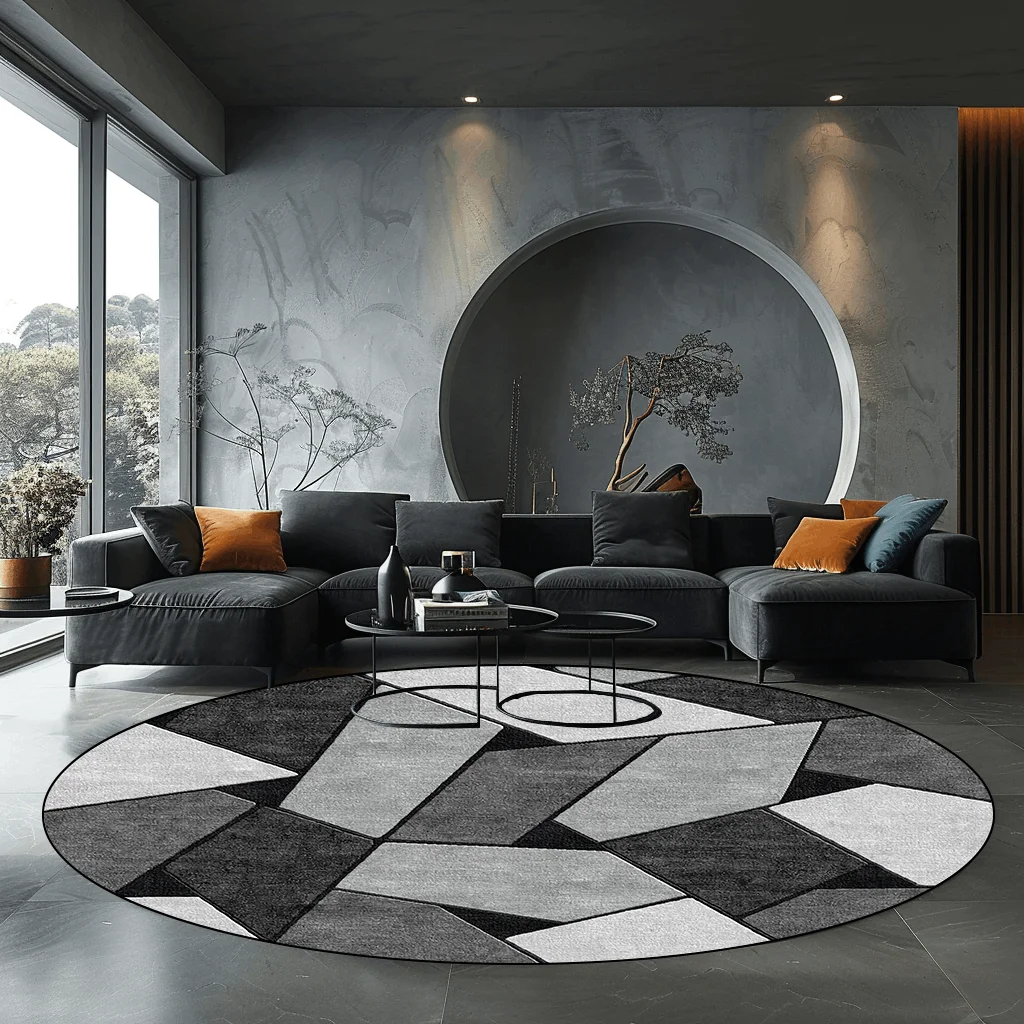 Grey Geometric Round Carpet for Living Room Modern Luxury Home Bedroom Decor Rugs Large Area Non-slip Coffee Tables Chair Mats