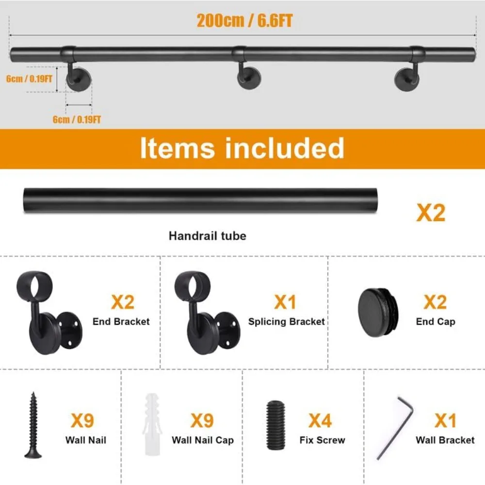 مجموعة درابزين الدرج المعدني الصناعي - درابزين ألومنيوم قوي لخطوات الخشب أو الخرسانة الداخلية والخارجية