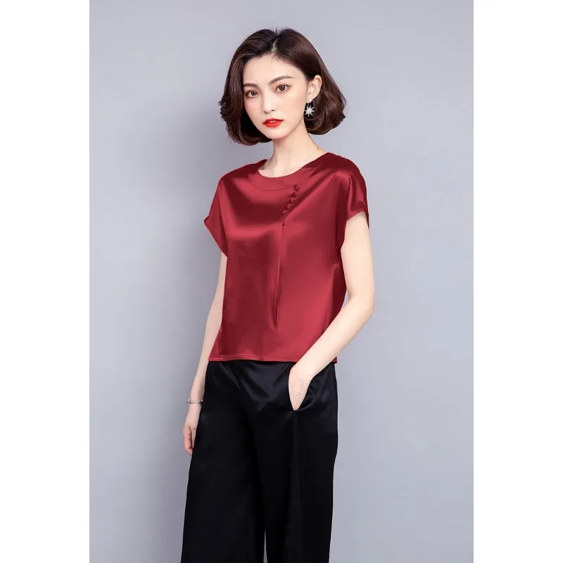 Workplace commuter fan new heavy solid color silk shirt T-shirt women