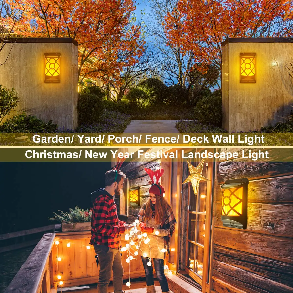 Imagem -06 - Outdoor Solar Powered Flame Lights Flickering Dancing Flames Wall Lantern Night Light Wall Mount Fence Pátio Deck