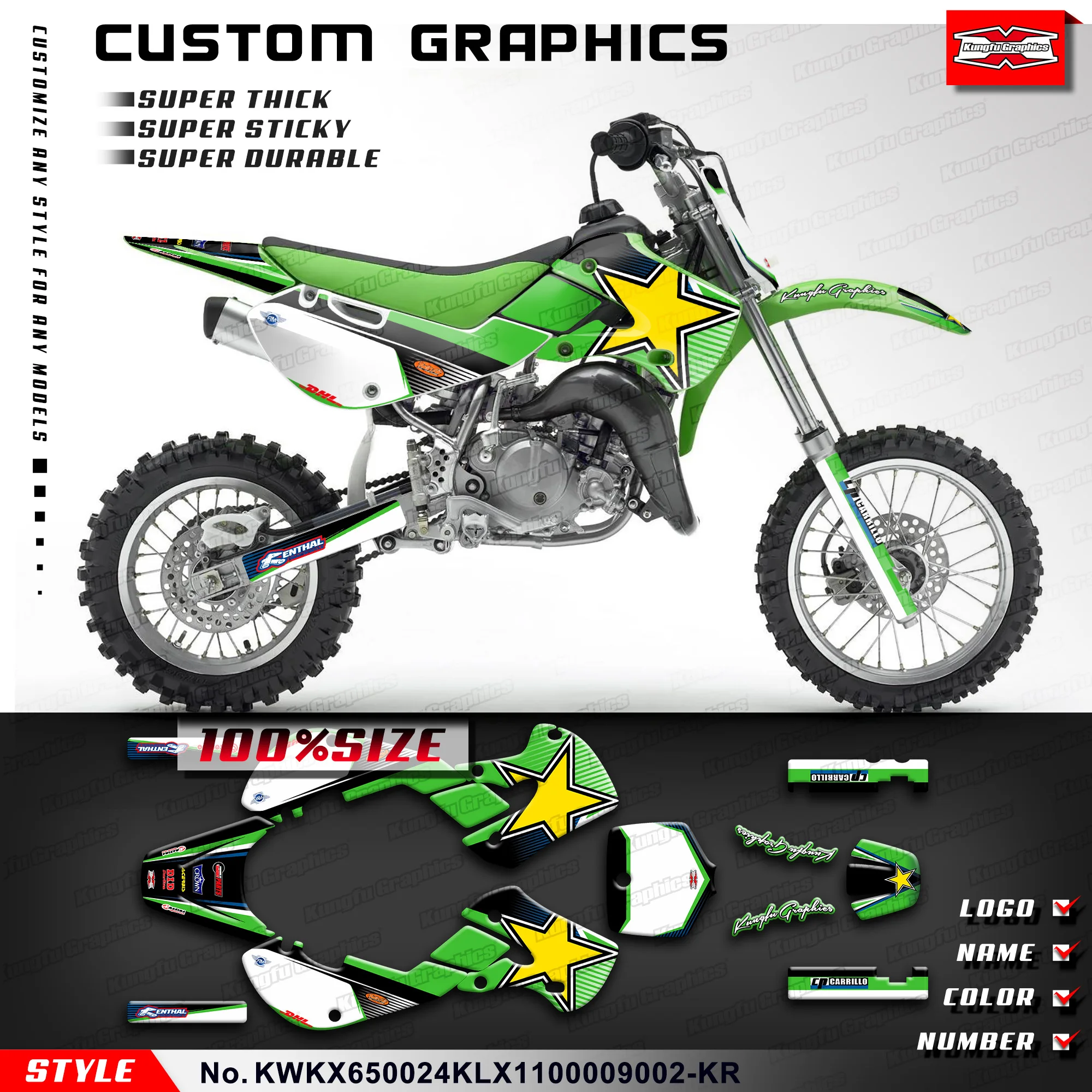 KUNGFU GRAPHICS Sticker Sheet Graphics Kit for KAWASAKI KX65 2000-2024 & KLX110 2000-2009,Rebuild,KWKX650024KLX1100009002-KR