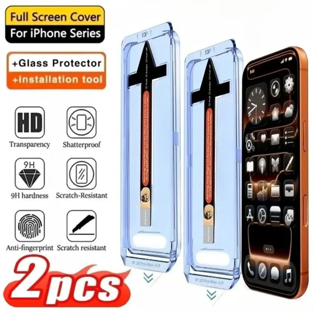 2Pcs HD Full Screen Protector for iPhone 17 16 15 14 Pro Max Air 16 15 Plus 13 12 11 Pro 13 12 Mini One Click Installation Glass