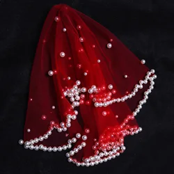 Henna Wedding Veil Red Bridal Veils Short Blusher Cover Face Bachelorette Party Accessories No Comb Pearl Beaded Veil VA10