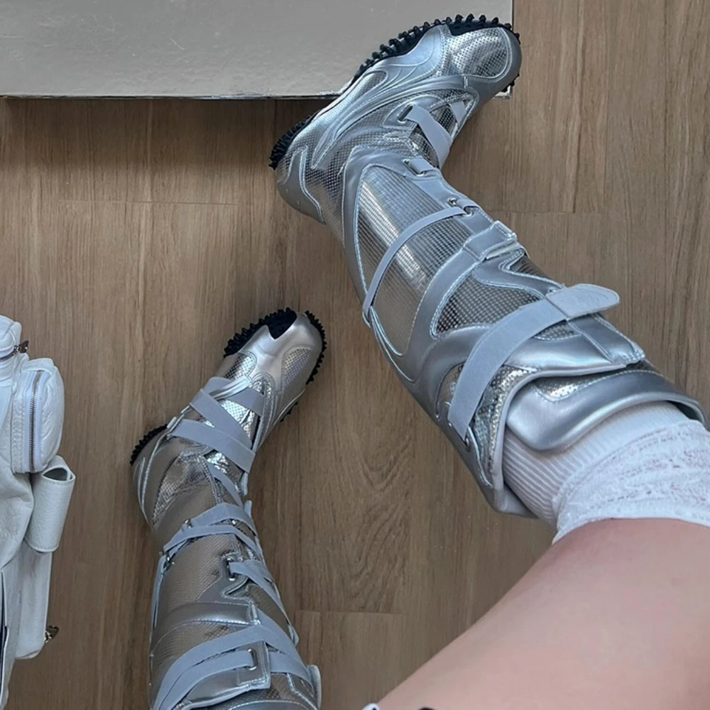 

NIGO Women Winter Temperament Silver Moto Boots High Street Chic Trendy Knight Boots Vintage Fashion Modern Boots #NGSH1317