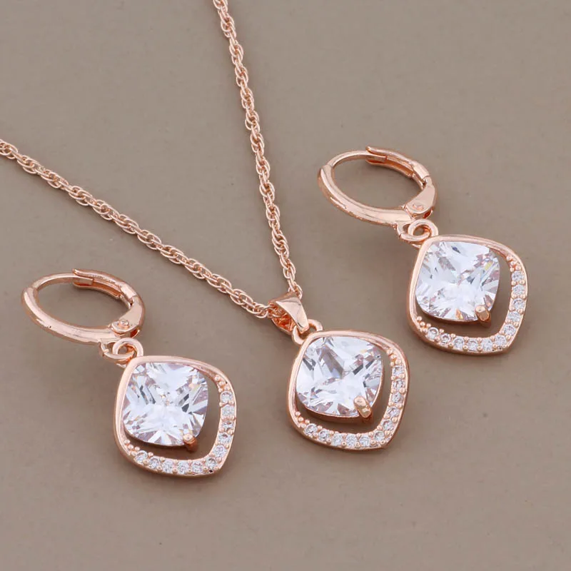 Korean Fashion Square Zircon Pendant Earrings for Women's Exquisite Light Luxury Elegant Women's Set Gift