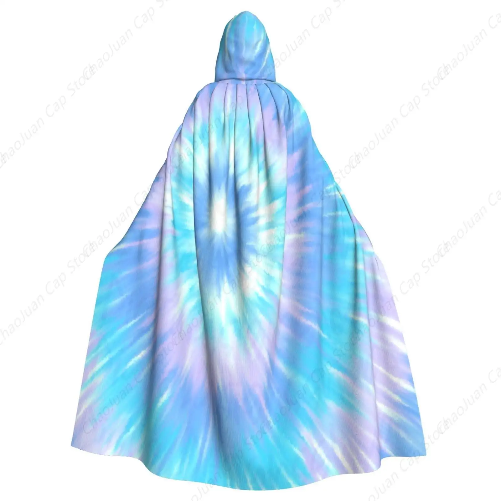 Tie Dye Blue Halloween Adult Hooded Cape Full Length Cloak Christmas Cosplay Costume Unisex