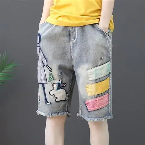 Sommer Neue Retro Stickerei Lose Zerrissene Blume Elastische High-Taille Harem Denim Shorts Für Frauen