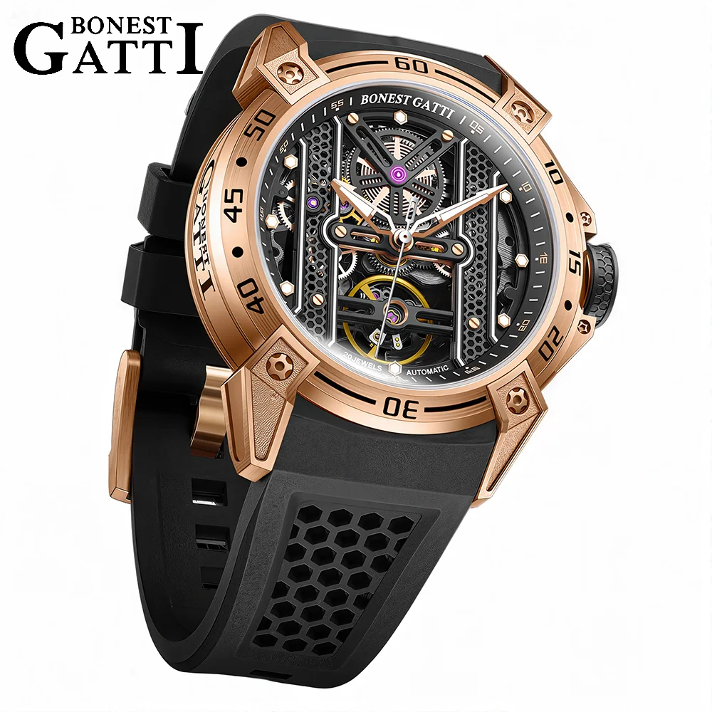 BONEST GATTI Men Automatic Luxury Watches Vintage Mechanical  5Bar Skeleton Sapphire Luminous Rubber Starp German Design