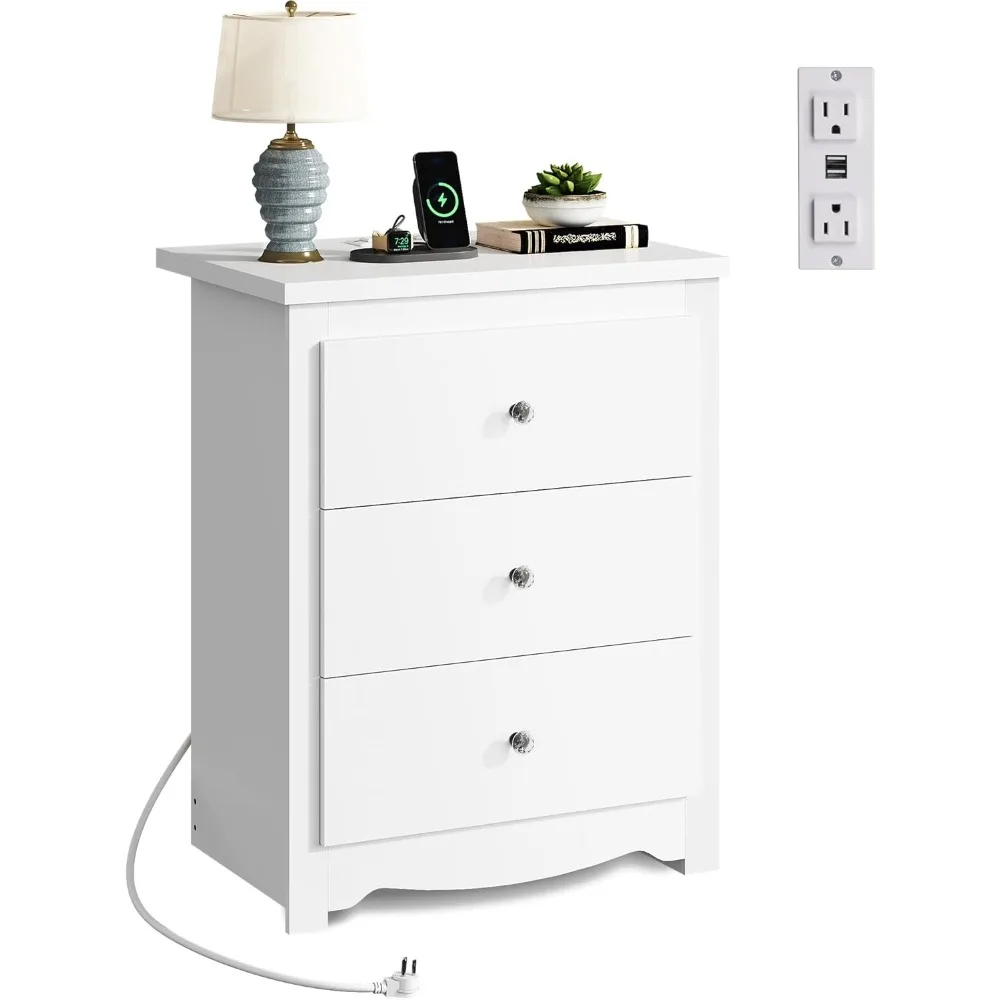 

Tall Nightstand with Charging Station, Wood Nightstand with 3 Drawers, Side Tables Bedroom, Dorm, End Table