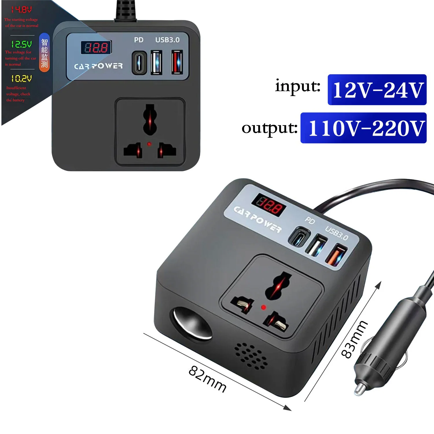 Car Inverter 12v/24v To 110/220V Charger Truck Power Board Converter USB Port Wide Input Voltage Compatibility