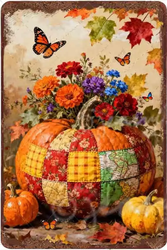 Pumpkin Garden Autumn   Vintage Metal Sign – Patchwork Quilt Fall Harvest Design for Thanksgiving Hosts, Autumn Fans, Farmhouse