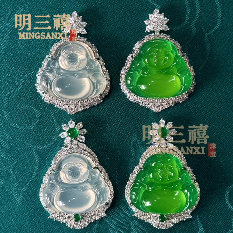 Natural white chalcedony inlaid with high-transparency-like bright Laughing pendant, imperial green Buddha pend
