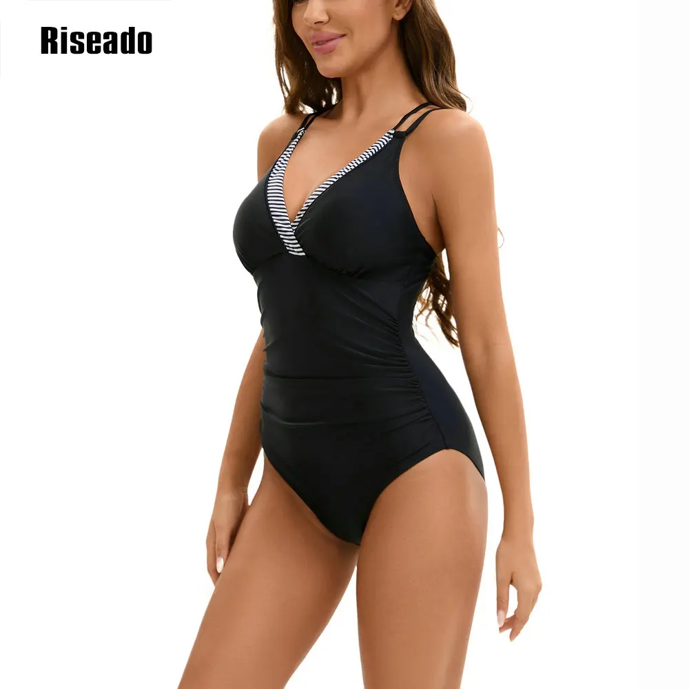 Riseado Women's One Piece Swimsuits Tummy Control Bathing Suits for Womens V Neck Criss Cross Ruched Push Up Slimming Swimwear