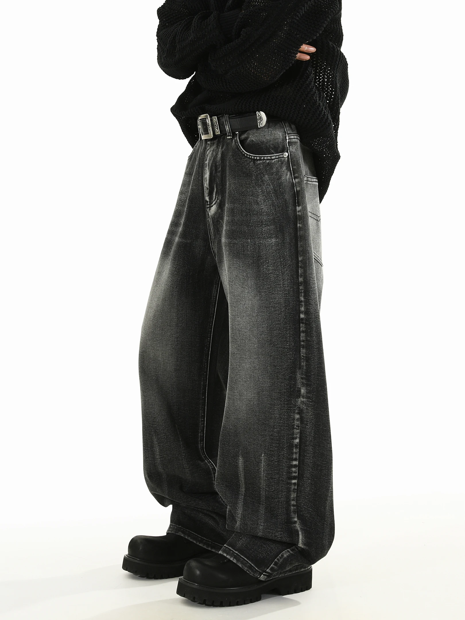 

Raven American Retro Emed Design Jeans Loose Straight Leg Jeans for Men And Women Vintage Waed Casual Straight Leg Jeans