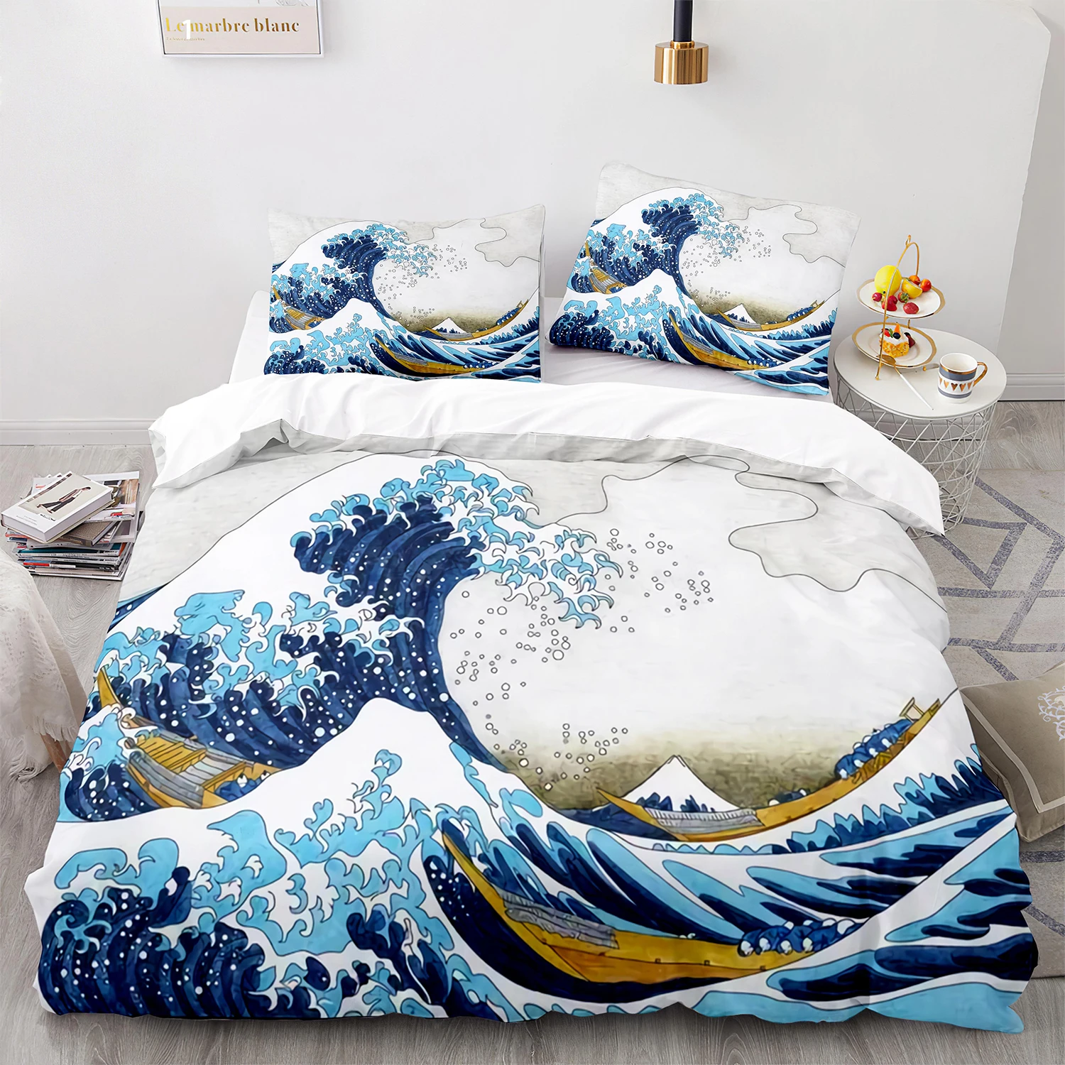 

Ukiyo-e Duvet Cover Set King Queen Full Size Theme Wave Pattern Polyester Bedding Set Fuji Mountain Exotic Abstract Style