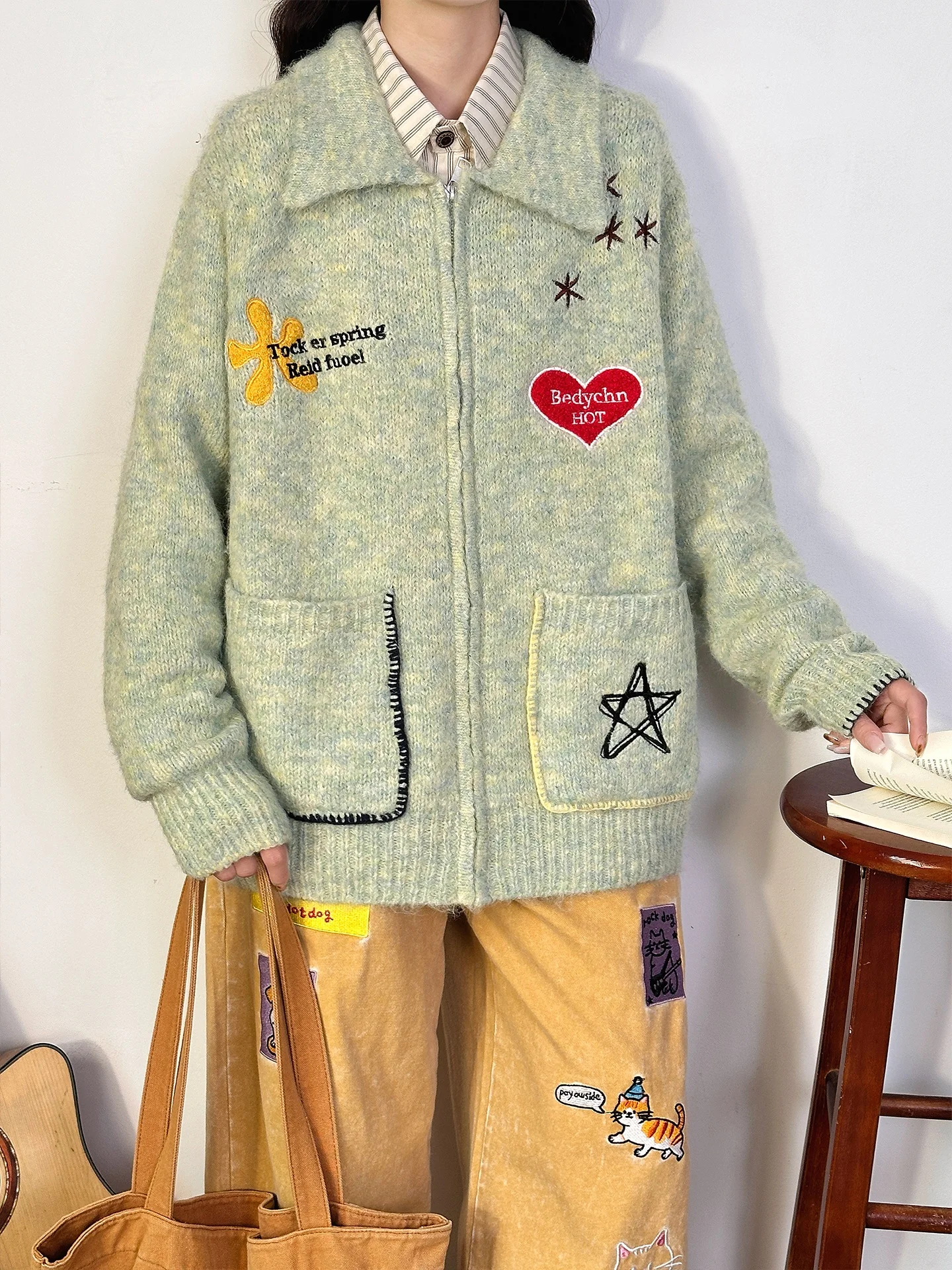 

Ретро-кардиган в американском стиле с вышивкой, вязаный, на молнии, свободного кроя, для женщин, в уличном стиле