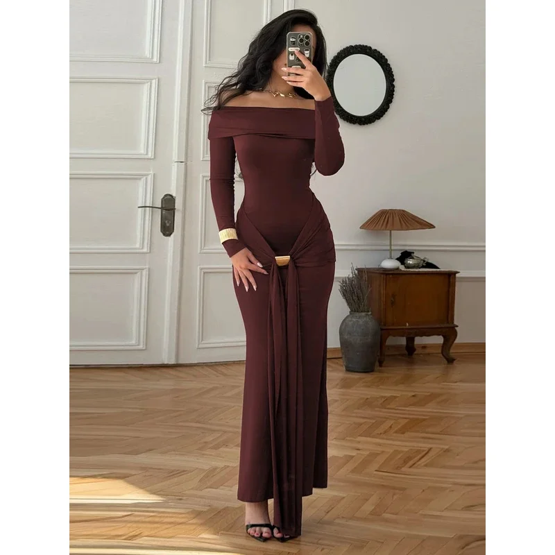 Sukienka maxi z dekoltem typu slash, długim rękawem, marszczeniami i bandażami, seksowna, elegancka, na jesień i zimę, damska, na wieczorne przyjęcie, na Nowy Rok.