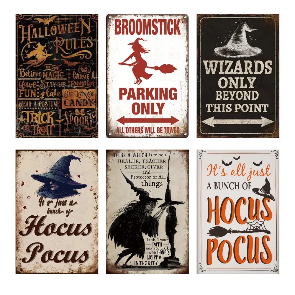 Witch Tin Sign Happy Halloween Decor Indoor Metal Sign for Bathroom Kitchen Home Coffee Wall Decor Living Room Decor Retro Sign