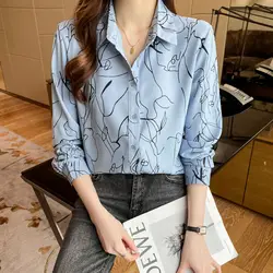 Spring Autumn Women's Long Sleeve Chiffon Button Up Turn-down Collar Cardigan Geometric Printed Shirt Casual Office Lady Tops