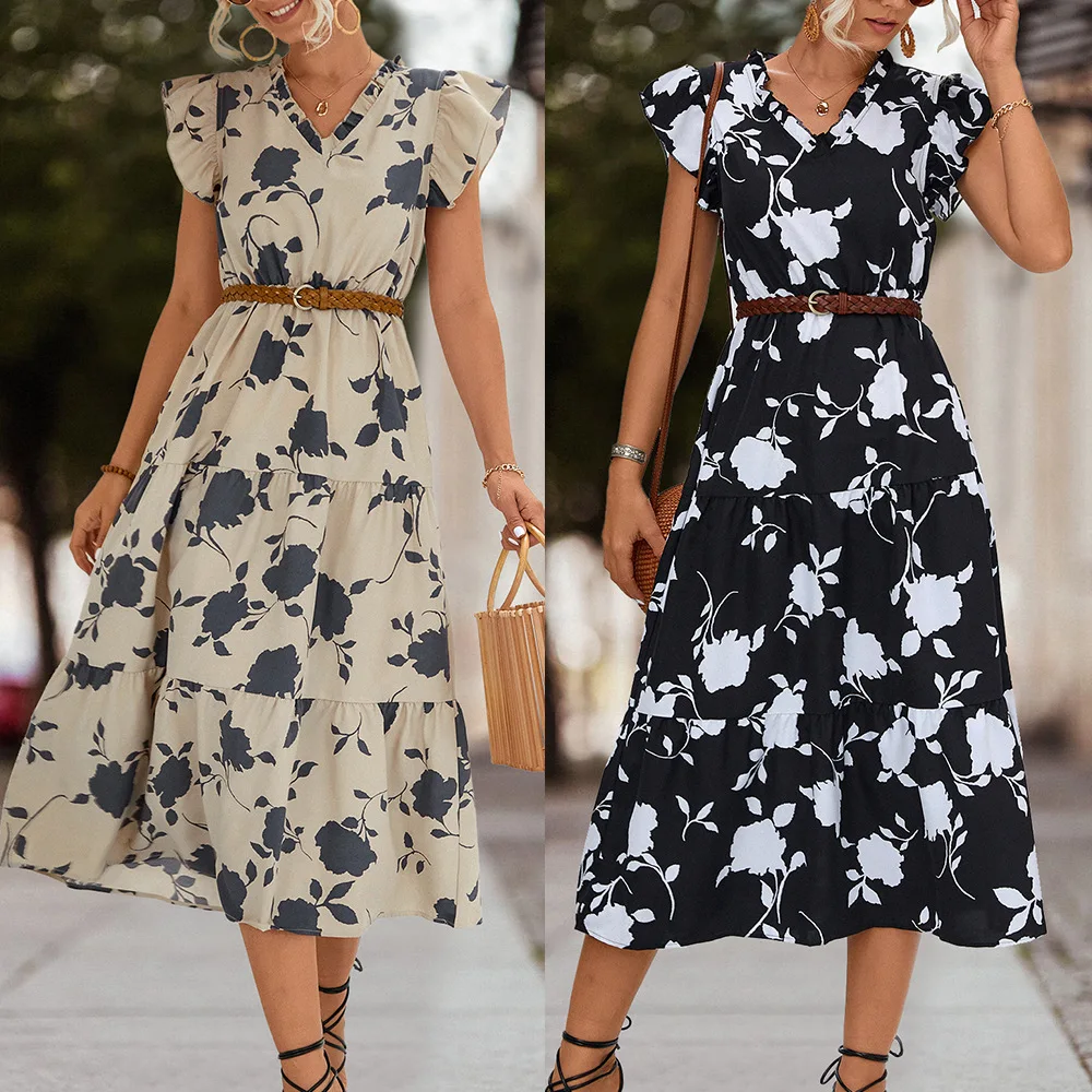 

Spring/Summer New Women's Fashion, Casual Style, Elegant Off body Commuting V-neck Printed Flying Sleeve Dress