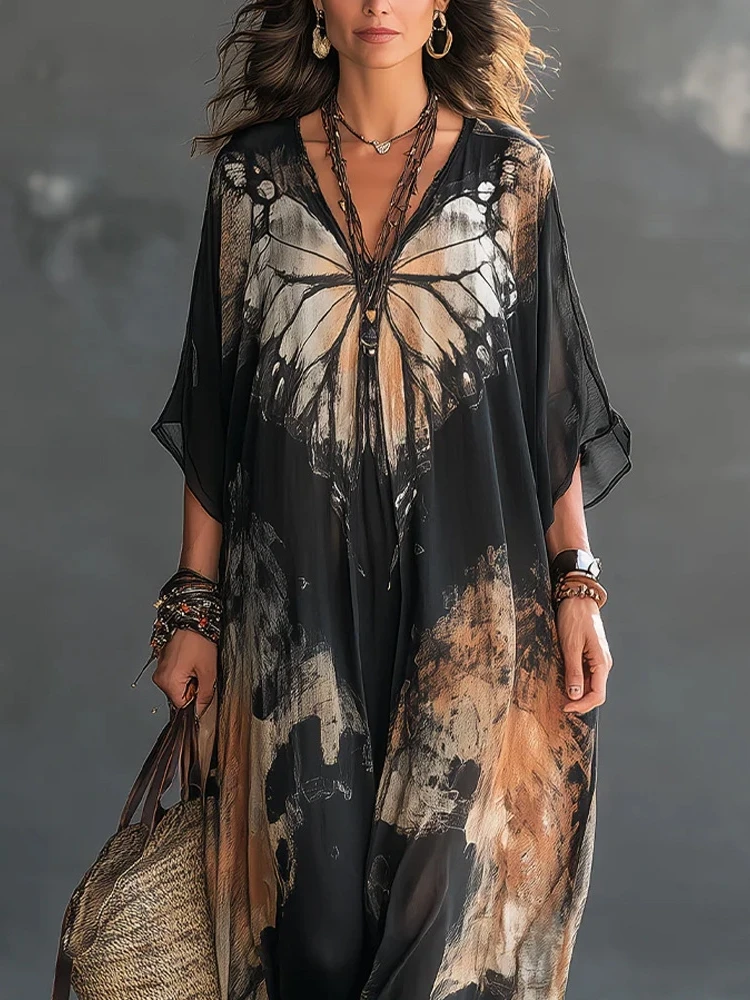 Elegant Women Butterfly Print Chiffon Kaftan Maxi Dress V Neck Batwing Half Sleeve Loose Oversized Boho Casual Beach Long Dress