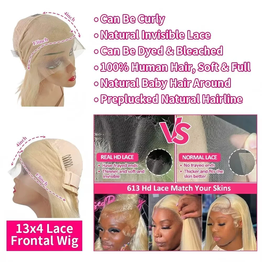 Blonde 613 Short Bob Wig Straight Human Hair 13X4 Lace Front Wigs Human Hair Pre Plucked 613 Blonde Lace Frontal Wig 230% Density Straight Short Bob Wigs For Black Women
