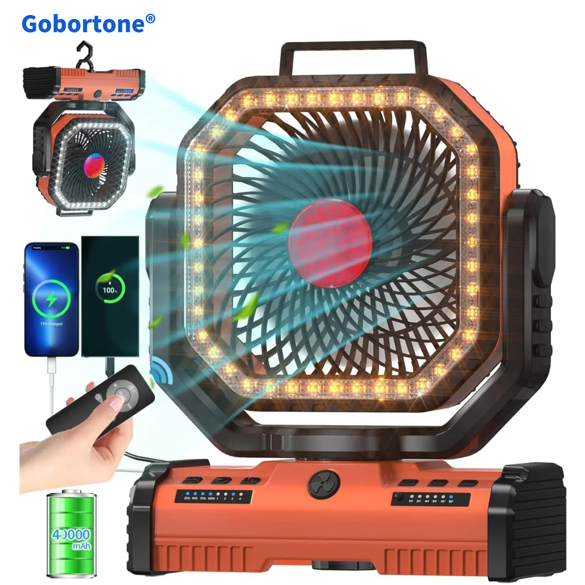 

Вентилятор Gobortone 12 дюймов, 40000 мАч, перезаряжаемый, на аккумуляторе, для кемпинга, с LED-фонарем, беспроводной, USB, настольный