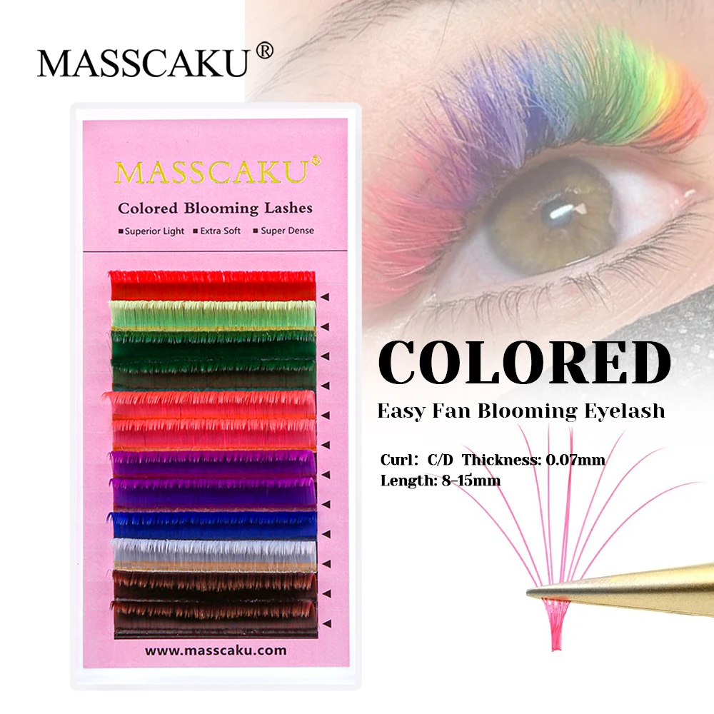 

MASSCAKU Wholesale 0.07mm Thickness Rainbow Color Camellia Blooming Lash Waterproof Colorful Flowering Lashes for Beauty Salon