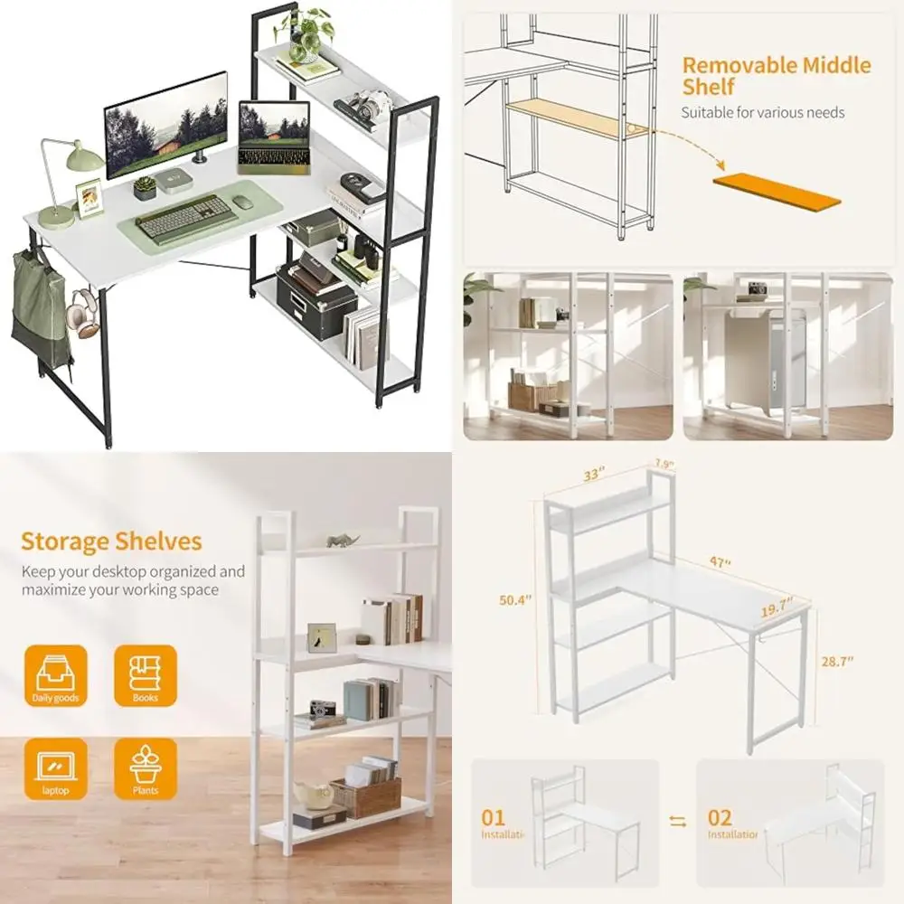 

47 Inch L-Shaped Desk with Storage and Bookshelf, Home Office Writing Desk with Hooks