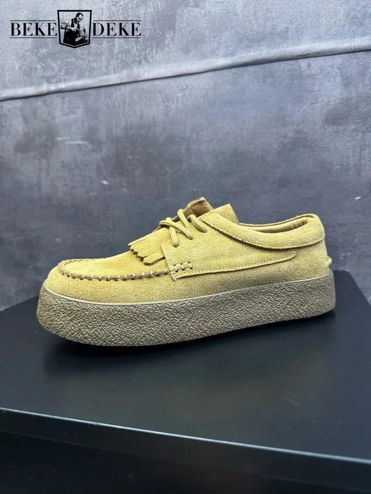 

Мужские рабочие повседневные кроссовки на шнуровке с кисточками в британском стиле, винтажные туфли ручной работы из коровьей замши на плоской платформе, повседневная обувь с круглым носком