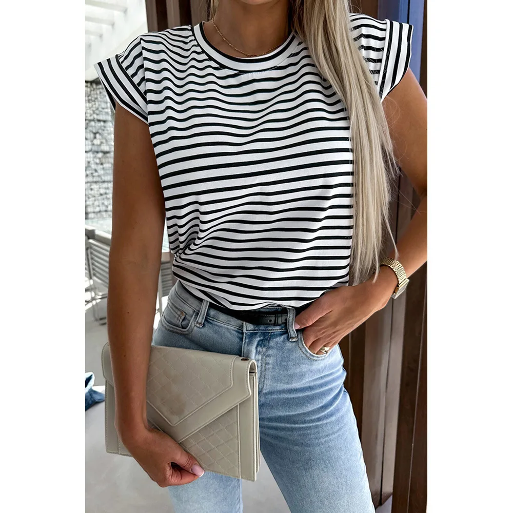 

Classic Black And White Stripe Curled Cap Sleeve Round Neck T-shirt For Summer Print Loose Short