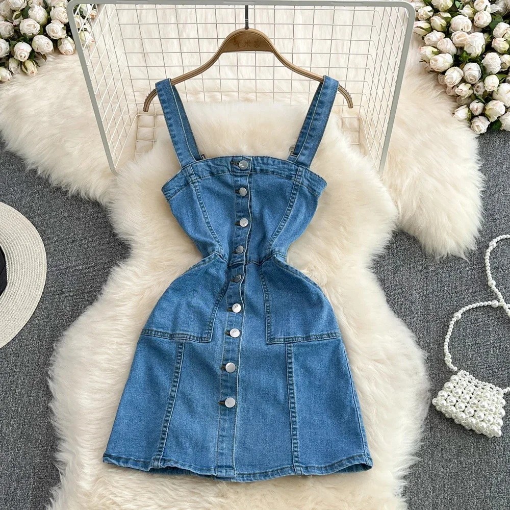 

2025 New Summer Fashion Women's Dress ins Vintage Slim Fit Sleeveless A-line Camisole Denim Dresses Chip Strap Vestido mujer