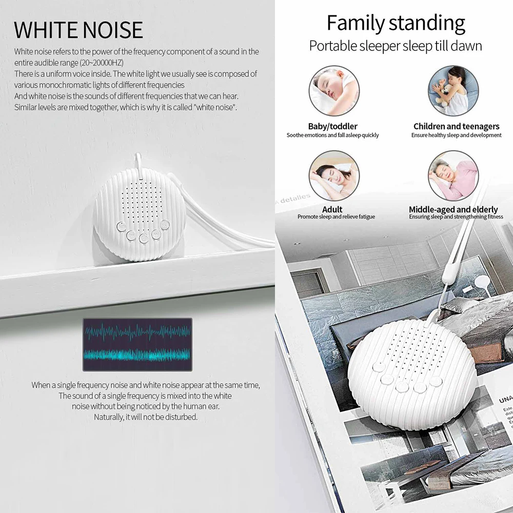 White Noise Machine 10/12 Sounds USB Rechargeable Portable Sleep Machine for Baby Adult Elder Timer Volume Sleeping & Relaxation