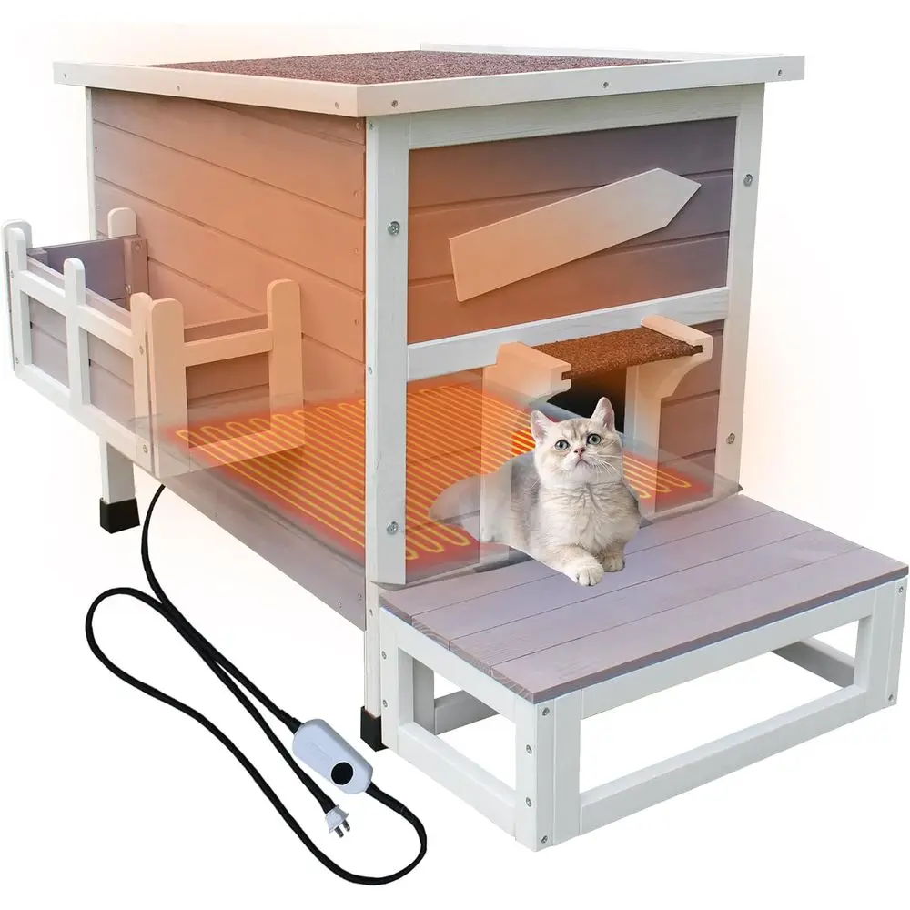 

Отапливаемый домик для кошек для уличных кошек зимой, большие отапливаемые домики для кошек с греющей подушкой, деревянный уличный кошачий домик, защищенный от непогоды.