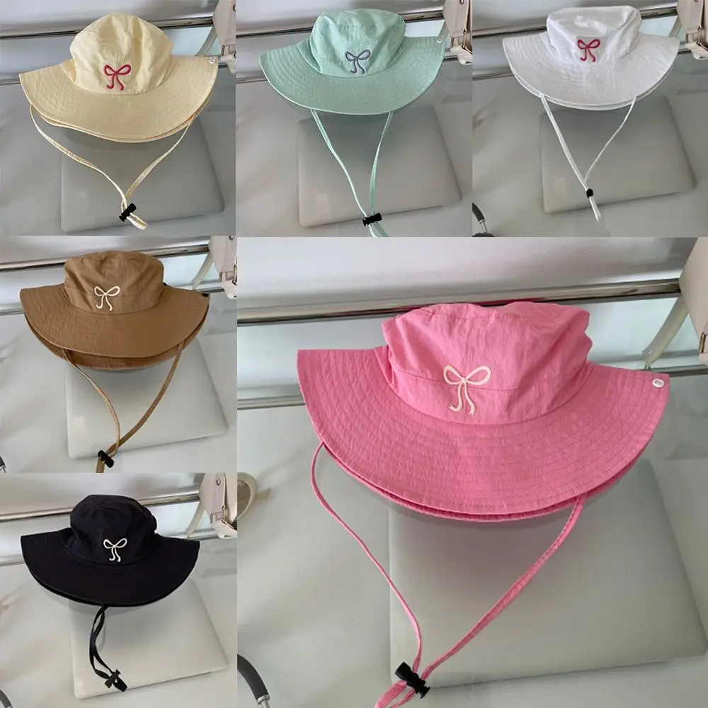 

Spring Summer Bucket Hat Sunscreen Quick Drying Fishing Caps Solid Color Breathable Bow Strap Bucket Hats For Outdoor Camping