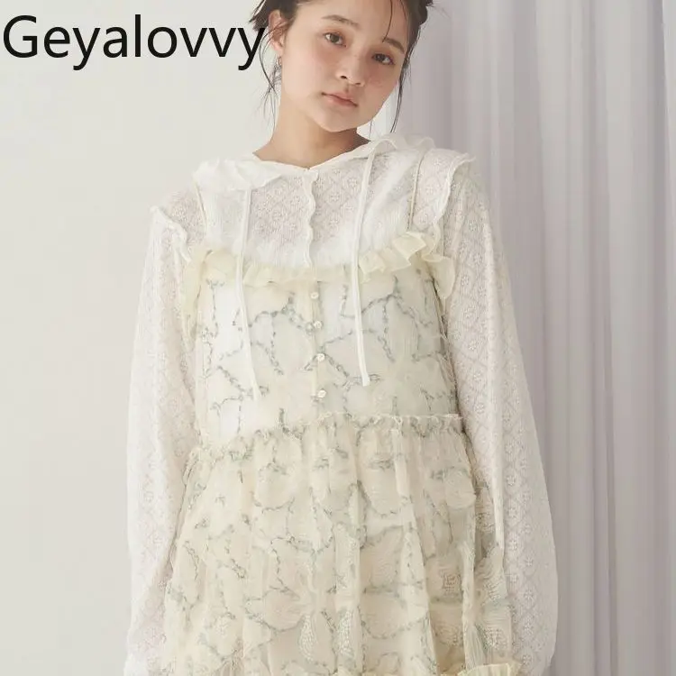 

Japanese Style Spring Autumn Top Sweet Cute Hooded Lace Long Sleeve Base Shirt Fashion Sweet Solid Color Casual Tees for Women