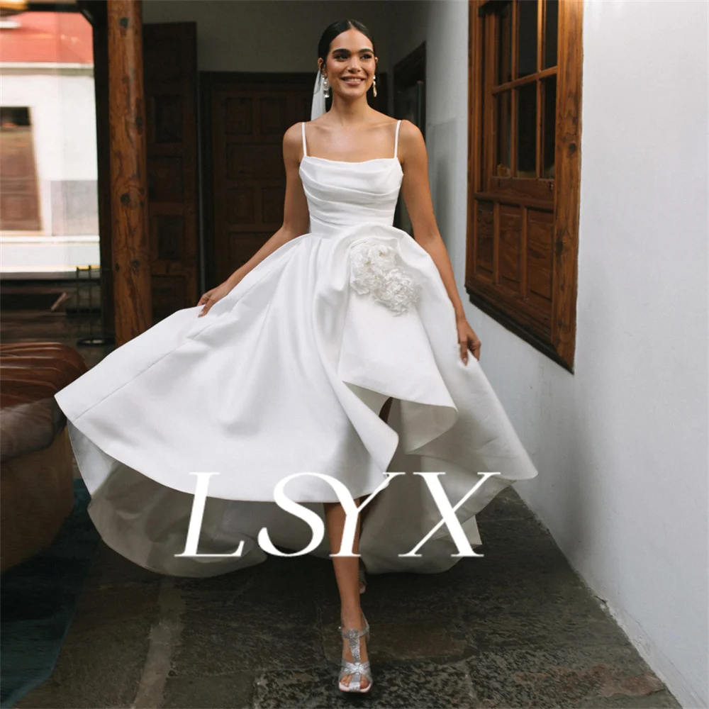 LSYX Customized Perfect High-Low Square Neck Crepe A-Line Short Wedding Dress Pleats 3D Flower Open Back Mid-Length Bridal Gown