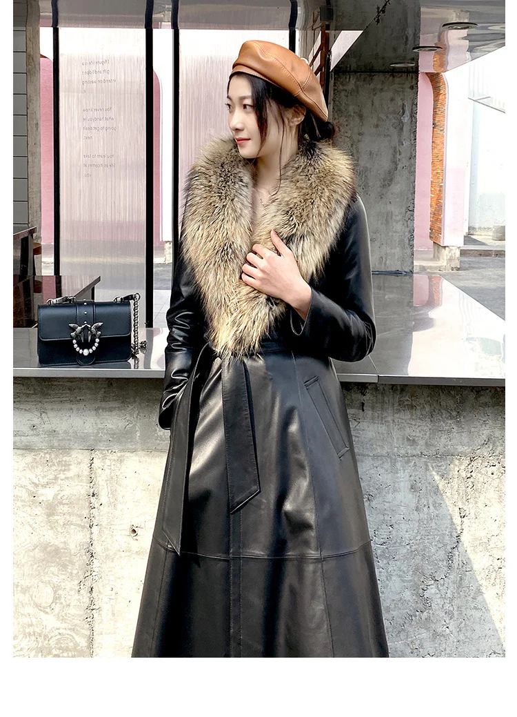 

2023 Genuine Leather Jacket Women Long Women's Down Jackets Sheepskin Coat Female Raccoon Dog Fur Collar Cuero Genuino Pph1794