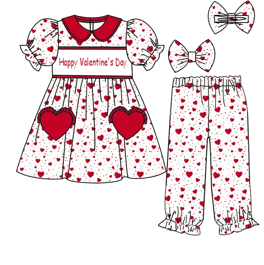 New children's Valentine's Day suit pleated clothes love printed clothes wholesale toddler pleated girls fashion dress suit