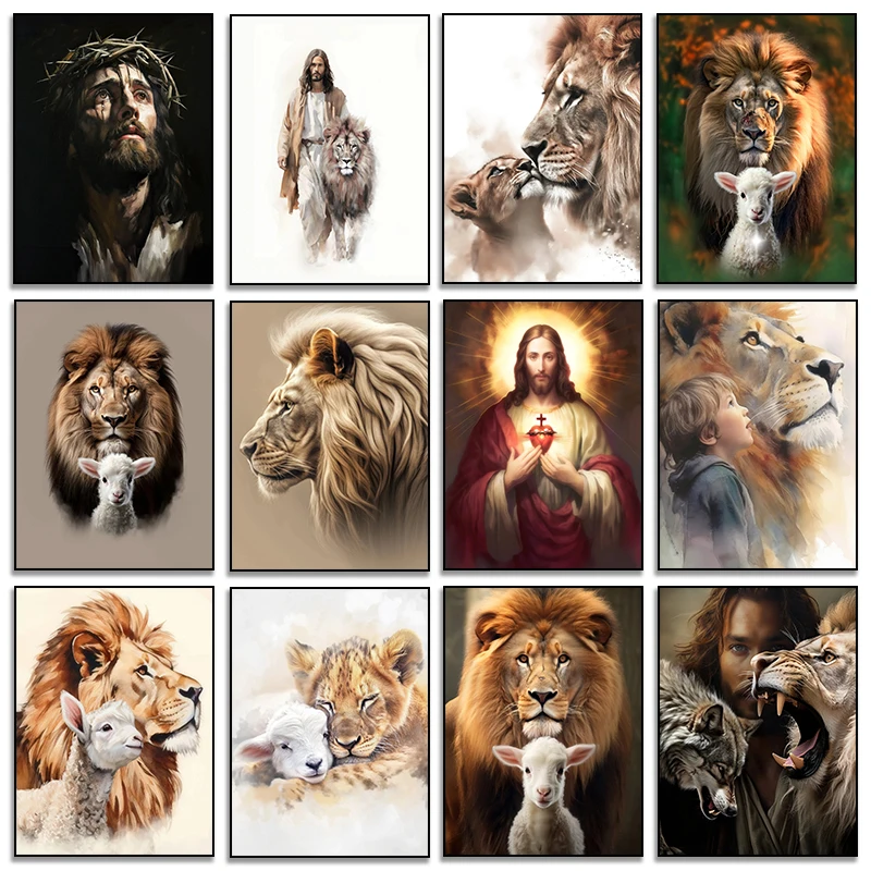 Retro Lamb of God and Cross Scared Heart of Jesus Poster Christian Religion Canvas Painting Wall Art Picture for Room Home De