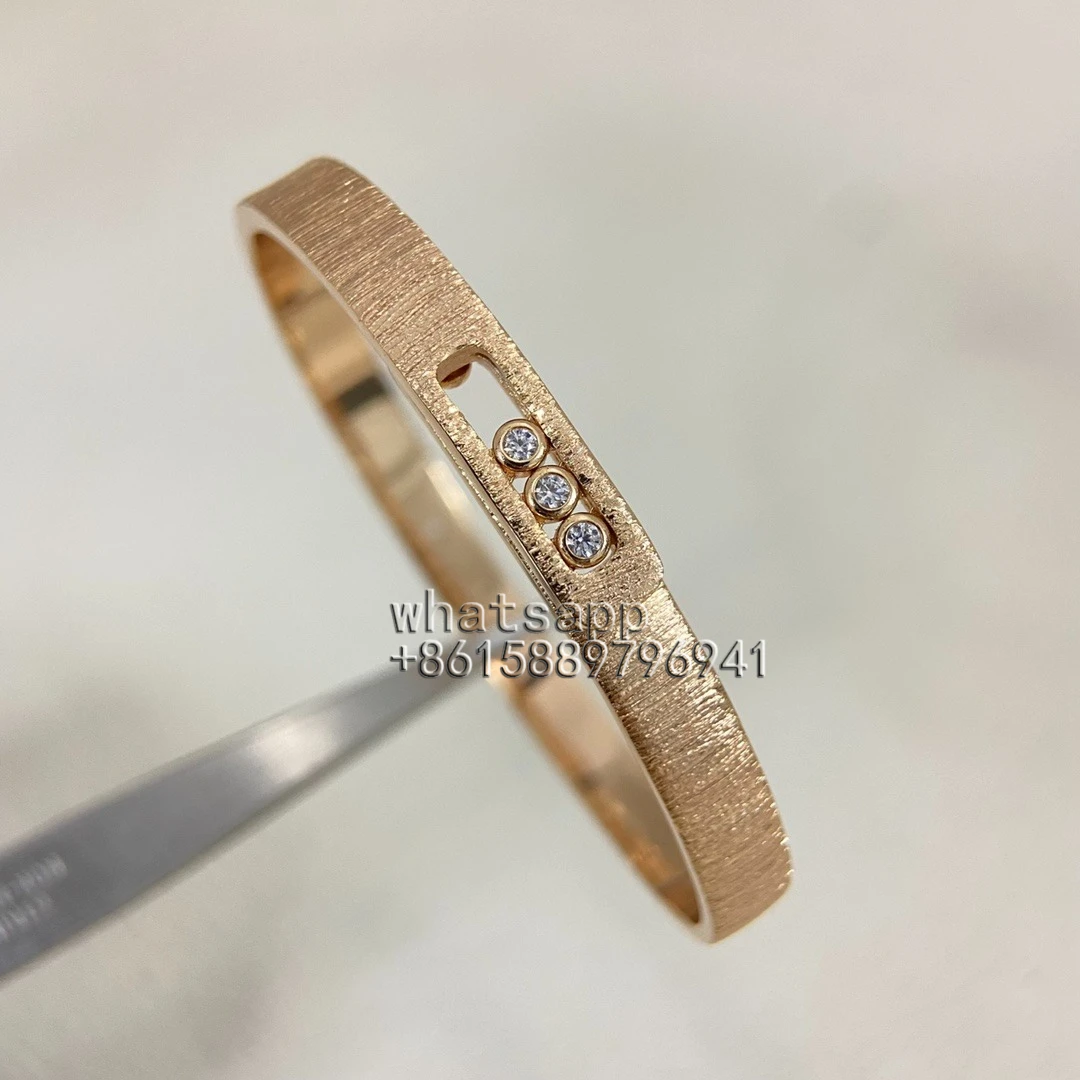 Rose Gold Brushed Bangle Bracelet, Three Floating Stones Oval Slider Cuff image 3