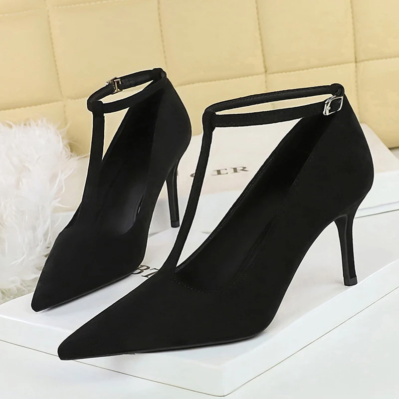 

Women 8.5cm High Heels Lady Temperament Eden Pointed Toe Pumps Female Vintage Shallow Mouth Suede Thin T Shaped Belt Shoes