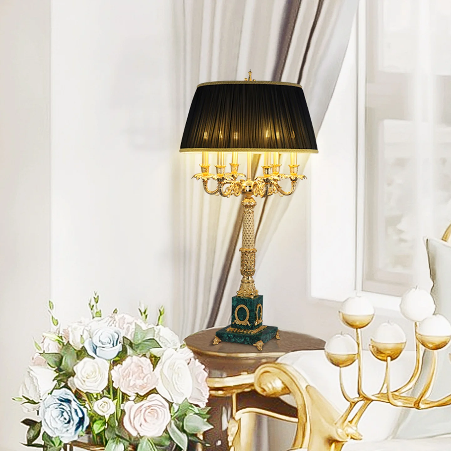 French Classic Living Room Coffee Table Copper Table Lamp Villa Bedroom Bedside Black Fabric Table Lamps