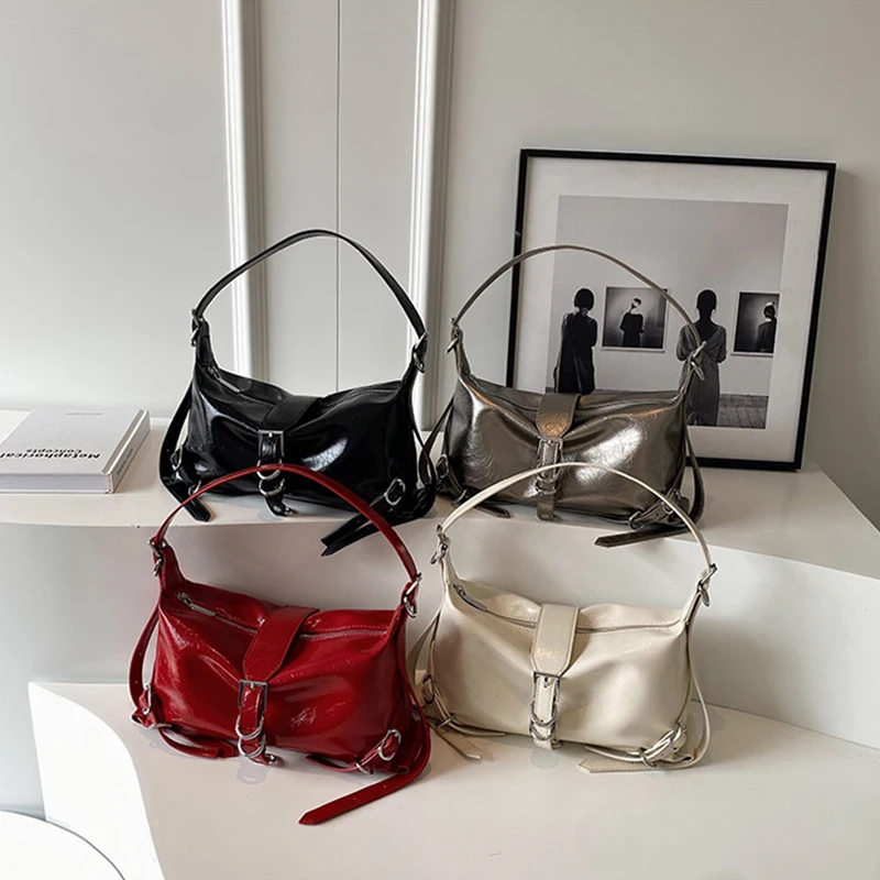 

2023 New Popular Cool Girls Underarm Bags Pure Color Casual Belt Buckle Decoration Vintage Motorcycle Bags Purses and Handbags