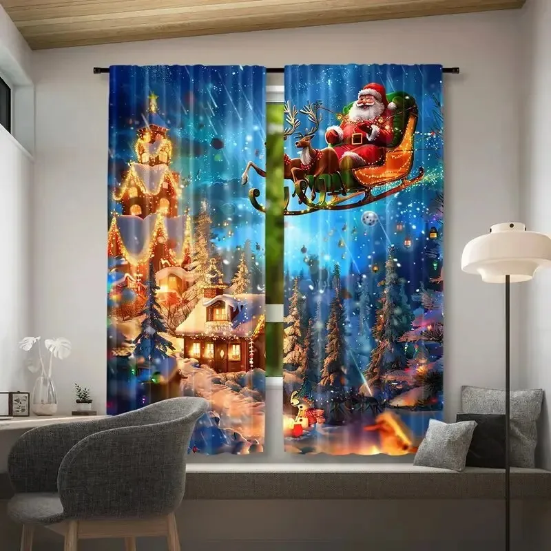 2PCS Digital Print Curtains, Santa Sleigh Reindeer Blue Night Snow Village, Magical Christmas for Living Room Bedroom Decor